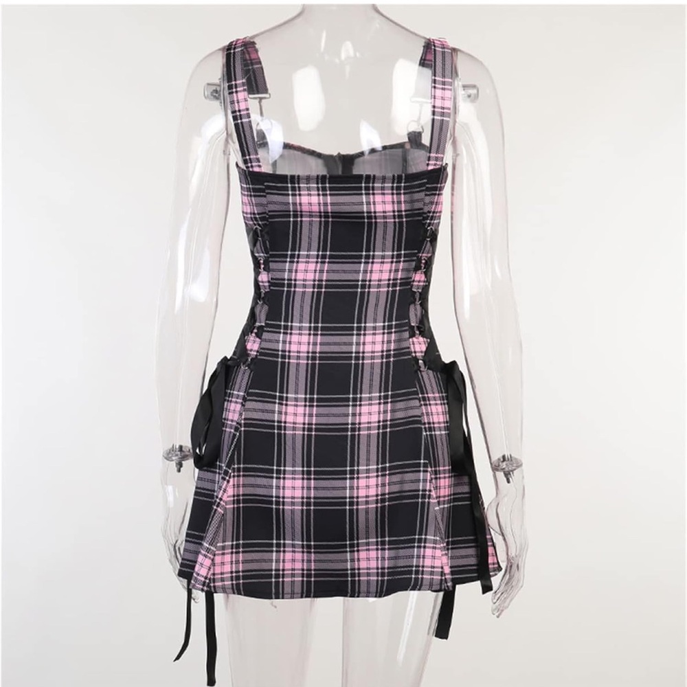 Black and Pink Plaid Lace-Up Mini Dress - Picture 8 of 9